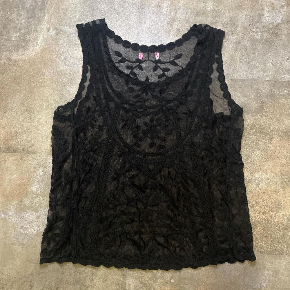 vintage y2k mesh and floral crochet sheer black top